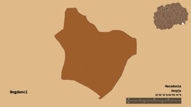 Makedonya 'nın Bogdanci belediyesi, başkenti sağlam bir zemin üzerinde izole edilmiş durumda. Uzaklık ölçeği, bölge önizlemesi ve etiketleri. Düzenli desenli dokuların bileşimi. 3B görüntüleme