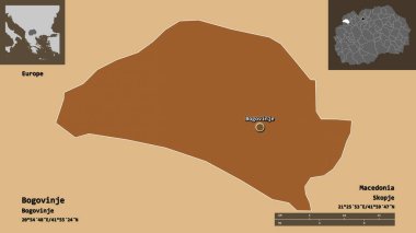 Makedonya 'nın Bogovinje belediyesi ve başkenti. Uzaklık ölçeği, ön gösterimler ve etiketler. Düzenli desenli dokuların bileşimi. 3B görüntüleme