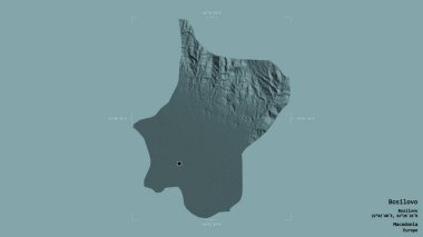 Makedonya Belediyesi Bosilovo bölgesi, jeoreferatlı bir sınır kutusunun sağlam bir arka planında izole edilmiş durumda. Etiketler. Renkli yükseklik haritası. 3B görüntüleme