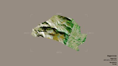 Makedonya Belediyesi Bogovinje bölgesi, jeoreferatlı bir sınır kutusunda sağlam bir zemin üzerinde izole edilmiş durumda. Etiketler. Uydu görüntüleri. 3B görüntüleme