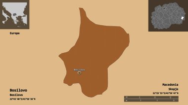 Makedonya Belediyesi Bosilovo ve başkenti. Uzaklık ölçeği, ön gösterimler ve etiketler. Düzenli desenli dokuların bileşimi. 3B görüntüleme