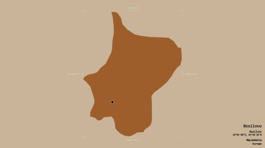 Makedonya Belediyesi Bosilovo bölgesi, jeoreferatlı bir sınır kutusunun sağlam bir arka planında izole edilmiş durumda. Etiketler. Desenli dokuların bileşimi. 3B görüntüleme