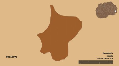 Makedonya 'nın Bosilovo belediyesi, başkenti sağlam bir zemin üzerinde izole edilmiş durumda. Uzaklık ölçeği, bölge önizlemesi ve etiketleri. Düzenli desenli dokuların bileşimi. 3B görüntüleme