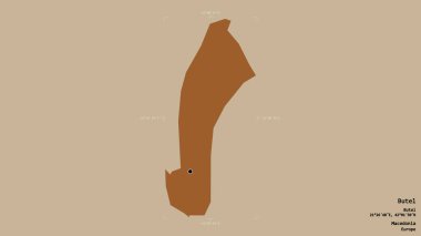 Makedonya Belediyesi Butel bölgesi, jeoreferatlı bir sınır kutusunda sağlam bir zemin üzerinde izole edilmiş durumda. Etiketler. Desenli dokuların bileşimi. 3B görüntüleme