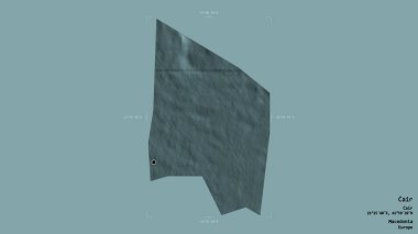 Makedonya 'nın Cair belediyesi, jeoreferatlı bir sınır kutusunun sağlam bir arka planında izole edilmiş durumda. Etiketler. Renkli yükseklik haritası. 3B görüntüleme