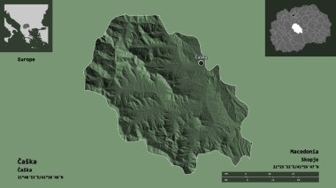 Caska, Makedonya belediyesi ve başkenti. Uzaklık ölçeği, ön gösterimler ve etiketler. Renkli yükseklik haritası. 3B görüntüleme