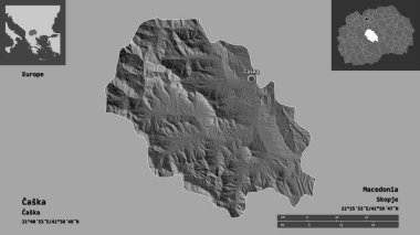 Caska, Makedonya belediyesi ve başkenti. Uzaklık ölçeği, ön gösterimler ve etiketler. Çift seviyeli yükseklik haritası. 3B görüntüleme