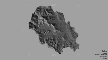 Makedonya belediyesinin Caska bölgesi, jeoreferatlı bir sınır kutusunun sağlam bir arka planında izole edilmiş durumda. Etiketler. Çift seviyeli yükseklik haritası. 3B görüntüleme