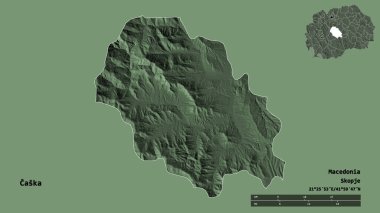 Makedonya 'nın Caska belediyesi, başkenti sağlam bir zemin üzerinde izole edilmiş durumda. Uzaklık ölçeği, bölge önizlemesi ve etiketleri. Renkli yükseklik haritası. 3B görüntüleme