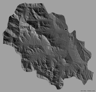 Makedonya 'nın Caska belediyesi, başkenti katı renk arka planına izole edilmiş durumda. Çift seviyeli yükseklik haritası. 3B görüntüleme