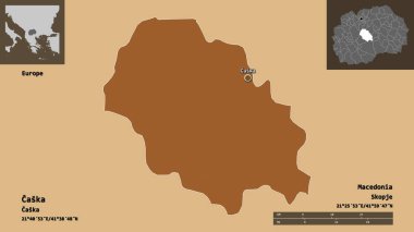 Caska, Makedonya belediyesi ve başkenti. Uzaklık ölçeği, ön gösterimler ve etiketler. Düzenli desenli dokuların bileşimi. 3B görüntüleme