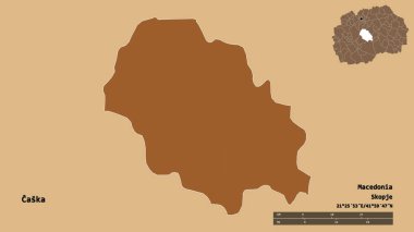 Makedonya 'nın Caska belediyesi, başkenti sağlam bir zemin üzerinde izole edilmiş durumda. Uzaklık ölçeği, bölge önizlemesi ve etiketleri. Düzenli desenli dokuların bileşimi. 3B görüntüleme