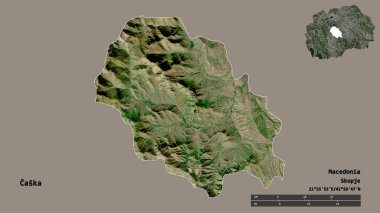 Makedonya 'nın Caska belediyesi, başkenti sağlam bir zemin üzerinde izole edilmiş durumda. Uzaklık ölçeği, bölge önizlemesi ve etiketleri. Uydu görüntüleri. 3B görüntüleme