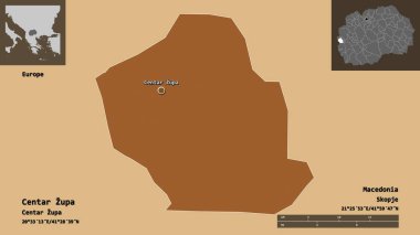 Makedonya Belediyesi Centar Zupa ve başkenti. Uzaklık ölçeği, ön gösterimler ve etiketler. Düzenli desenli dokuların bileşimi. 3B görüntüleme