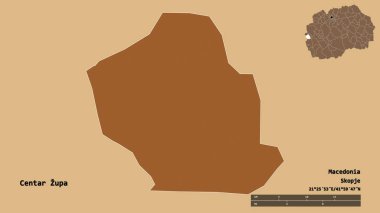 Makedonya belediyesi Centar Zupa 'nın başkenti sağlam bir zemin üzerinde izole edilmiştir. Uzaklık ölçeği, bölge önizlemesi ve etiketleri. Düzenli desenli dokuların bileşimi. 3B görüntüleme