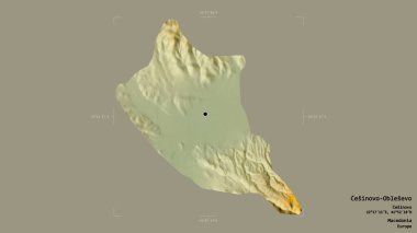 Makedonya Belediyesi Cesinovo-Oblesevo bölgesi, bir sınır kutusunda sağlam bir zemin üzerinde izole edilmiş durumda. Etiketler. Topografik yardım haritası. 3B görüntüleme