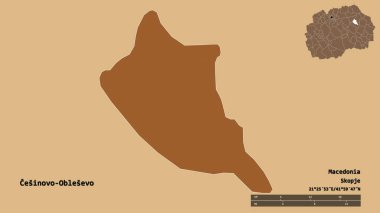 Makedonya Belediyesi Cesinovo-Oblesevo 'nun başkenti sağlam arka planda izole edilmiştir. Uzaklık ölçeği, bölge önizlemesi ve etiketleri. Düzenli desenli dokuların bileşimi. 3B görüntüleme