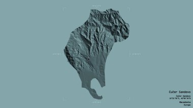 Makedonya Belediyesi 'nin Cucer Sandevo bölgesi, jeoreferatlı bir sınır kutusunda sağlam bir zemin üzerinde izole edilmiş durumda. Etiketler. Renkli yükseklik haritası. 3B görüntüleme