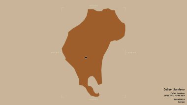 Makedonya Belediyesi 'nin Cucer Sandevo bölgesi, jeoreferatlı bir sınır kutusunda sağlam bir zemin üzerinde izole edilmiş durumda. Etiketler. Desenli dokuların bileşimi. 3B görüntüleme