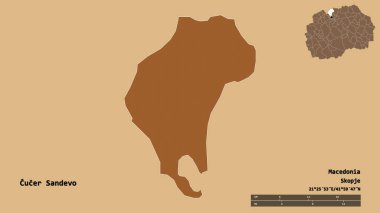 Makedonya belediyesi Cucer Sandevo 'nun başkenti sağlam bir zemin üzerinde izole edilmiştir. Uzaklık ölçeği, bölge önizlemesi ve etiketleri. Düzenli desenli dokuların bileşimi. 3B görüntüleme