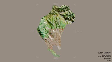 Makedonya Belediyesi 'nin Cucer Sandevo bölgesi, jeoreferatlı bir sınır kutusunda sağlam bir zemin üzerinde izole edilmiş durumda. Etiketler. Uydu görüntüleri. 3B görüntüleme