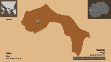 Debar 'ın şekli, Makedonya belediyesi ve başkenti. Uzaklık ölçeği, ön gösterimler ve etiketler. Düzenli desenli dokuların bileşimi. 3B görüntüleme