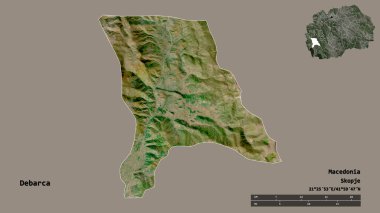 Makedonya 'nın Debarca belediyesi, başkenti sağlam bir zemin üzerinde izole edilmiş durumda. Uzaklık ölçeği, bölge önizlemesi ve etiketleri. Uydu görüntüleri. 3B görüntüleme