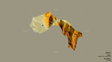 Makedonya Belediyesi 'nin Debar bölgesi, jeoreferatlı bir sınır kutusunda sağlam bir zemin üzerinde izole edilmiş durumda. Etiketler. Topografik yardım haritası. 3B görüntüleme