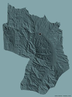 Makedonya 'nın Delcevo belediyesi, başkenti katı renk arka planına izole edilmiş durumda. Renkli yükseklik haritası. 3B görüntüleme