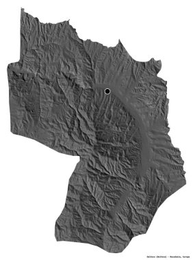 Makedonya 'nın Delcevo belediyesi, başkenti beyaz arka planda izole edilmiş durumda. Çift seviyeli yükseklik haritası. 3B görüntüleme