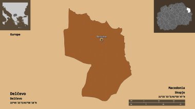 Delcevo 'nun şekli, Makedonya belediyesi ve başkenti. Uzaklık ölçeği, ön gösterimler ve etiketler. Düzenli desenli dokuların bileşimi. 3B görüntüleme