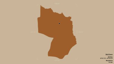 Makedonya Belediyesi Delcevo bölgesi, jeoreferatlı bir sınır kutusunun sağlam bir arka planında izole edilmiş durumda. Etiketler. Desenli dokuların bileşimi. 3B görüntüleme