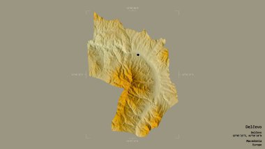 Makedonya Belediyesi Delcevo bölgesi, jeoreferatlı bir sınır kutusunun sağlam bir arka planında izole edilmiş durumda. Etiketler. Topografik yardım haritası. 3B görüntüleme