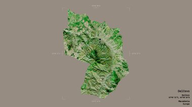 Makedonya Belediyesi Delcevo bölgesi, jeoreferatlı bir sınır kutusunun sağlam bir arka planında izole edilmiş durumda. Etiketler. Uydu görüntüleri. 3B görüntüleme