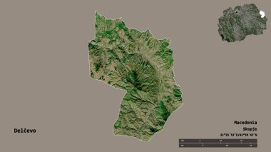 Makedonya 'nın Delcevo belediyesi, başkenti sağlam bir zemin üzerinde izole edilmiş durumda. Uzaklık ölçeği, bölge önizlemesi ve etiketleri. Uydu görüntüleri. 3B görüntüleme