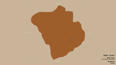 Makedonya Belediyesi Demir Hisar bölgesi, jeoreferatlı bir sınır kutusunda sağlam bir zemin üzerinde izole edilmiş durumda. Etiketler. Desenli dokuların bileşimi. 3B görüntüleme