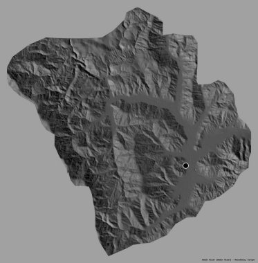 Makedonya 'nın Demir Hisar belediyesi, başkenti katı renk arka planına izole edilmiş durumda. Çift seviyeli yükseklik haritası. 3B görüntüleme