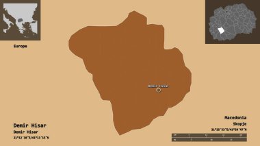 Demir Hisar, Makedonya Belediyesi ve başkenti. Uzaklık ölçeği, ön gösterimler ve etiketler. Düzenli desenli dokuların bileşimi. 3B görüntüleme