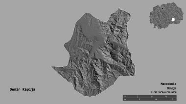 Makedonya 'nın Demir Kapija belediyesi, başkenti sağlam bir zemin üzerinde izole edilmiş durumda. Uzaklık ölçeği, bölge önizlemesi ve etiketleri. Çift seviyeli yükseklik haritası. 3B görüntüleme