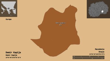 Demir Kapı 'nın şekli, Makedonya belediyesi ve başkenti. Uzaklık ölçeği, ön gösterimler ve etiketler. Düzenli desenli dokuların bileşimi. 3B görüntüleme