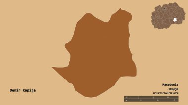 Makedonya 'nın Demir Kapija belediyesi, başkenti sağlam bir zemin üzerinde izole edilmiş durumda. Uzaklık ölçeği, bölge önizlemesi ve etiketleri. Düzenli desenli dokuların bileşimi. 3B görüntüleme