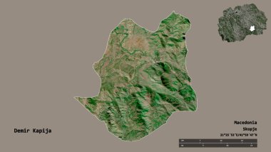 Makedonya 'nın Demir Kapija belediyesi, başkenti sağlam bir zemin üzerinde izole edilmiş durumda. Uzaklık ölçeği, bölge önizlemesi ve etiketleri. Uydu görüntüleri. 3B görüntüleme