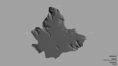 Makedonya Belediyesi Dolneni bölgesi, jeoreferatlı bir sınır kutusunda sağlam bir zemin üzerinde izole edilmiş durumda. Etiketler. Çift seviyeli yükseklik haritası. 3B görüntüleme