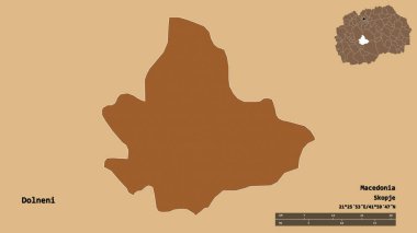 Makedonya 'nın Dolneni belediyesi, başkenti sağlam bir zemin üzerinde izole edilmiş durumda. Uzaklık ölçeği, bölge önizlemesi ve etiketleri. Düzenli desenli dokuların bileşimi. 3B görüntüleme