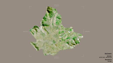 Makedonya Belediyesi Dolneni bölgesi, jeoreferatlı bir sınır kutusunda sağlam bir zemin üzerinde izole edilmiş durumda. Etiketler. Uydu görüntüleri. 3B görüntüleme