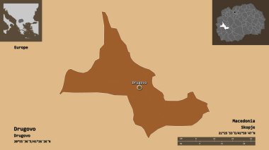 Drugovo, Makedonya belediyesi ve başkenti. Uzaklık ölçeği, ön gösterimler ve etiketler. Düzenli desenli dokuların bileşimi. 3B görüntüleme