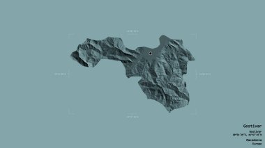 Makedonya 'nın Gostivar belediyesi bölgesi, jeoreferatlı bir sınır kutusunun sağlam bir arka planında izole edilmiş durumda. Etiketler. Renkli yükseklik haritası. 3B görüntüleme