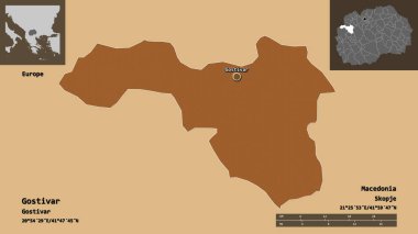 Gostivar 'ın şekli, Makedonya belediyesi ve başkenti. Uzaklık ölçeği, ön gösterimler ve etiketler. Düzenli desenli dokuların bileşimi. 3B görüntüleme