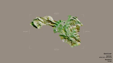 Makedonya 'nın Gostivar belediyesi bölgesi, jeoreferatlı bir sınır kutusunun sağlam bir arka planında izole edilmiş durumda. Etiketler. Uydu görüntüleri. 3B görüntüleme