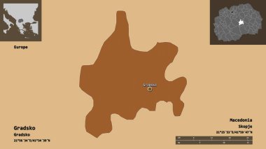 Makedonya Belediyesi Gradsko ve başkenti. Uzaklık ölçeği, ön gösterimler ve etiketler. Düzenli desenli dokuların bileşimi. 3B görüntüleme